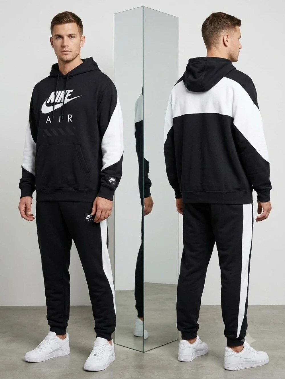 Nike  Air Fleece Tracksuit Set Black & White Hoodie Joggers Men's Size Large